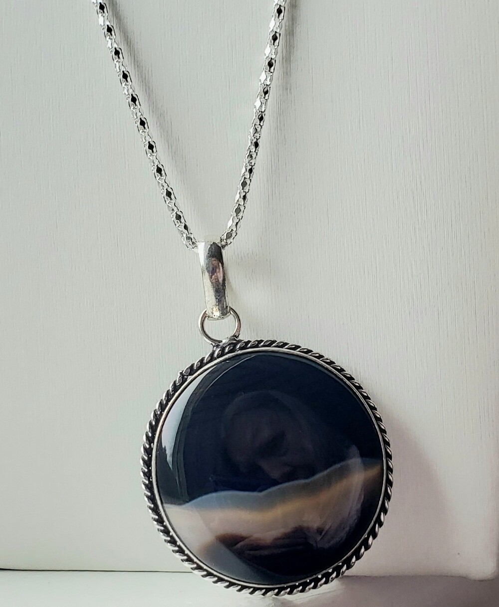 NEW 2.1" Sterling Silver Natural Gem Banded Black Agate Pendant 24" Silver Chain